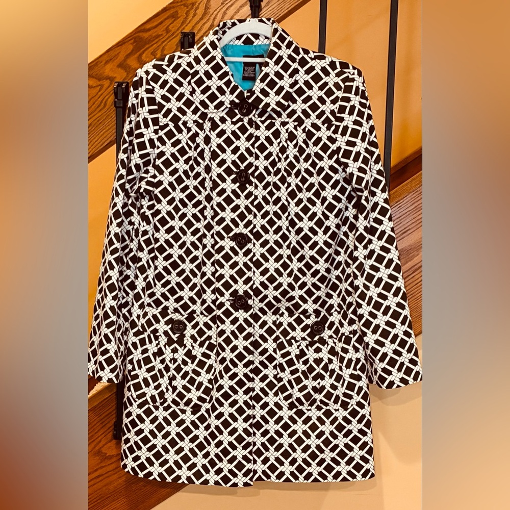 Chapter One Jacket Coat Brown Ivory Rope Print Button Front Pockets SZ. 10 Women